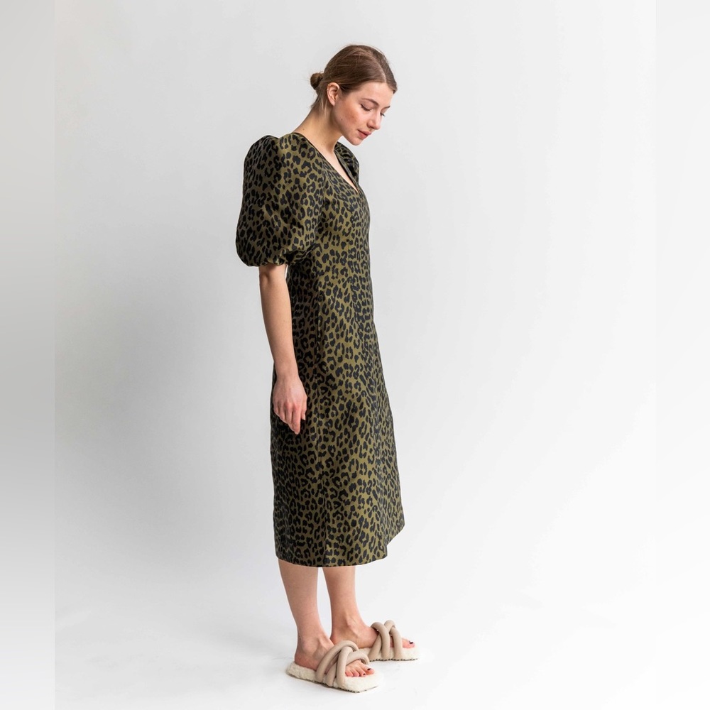 SOLD | NWT GANNI Puff-sleeve Leopard-jacquard Midi Dress